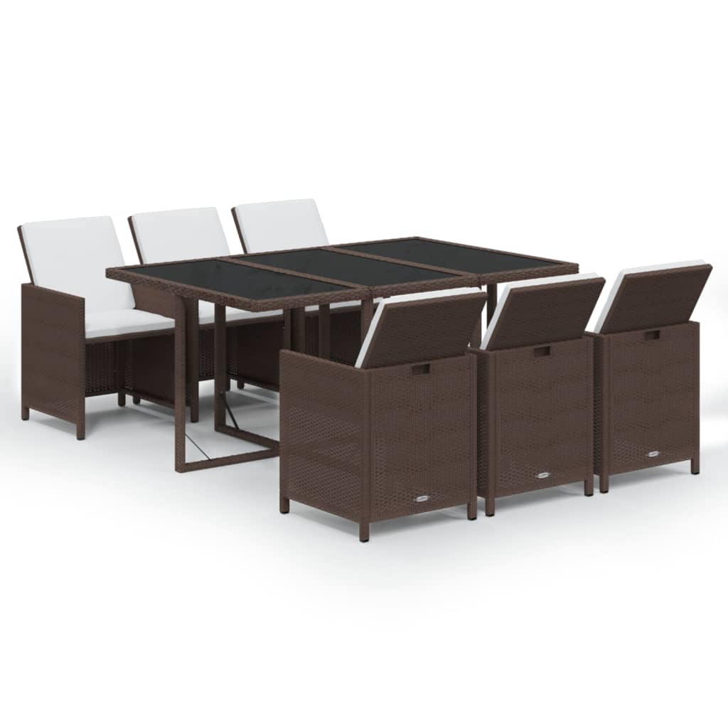 7 Pcs conjunto jantar p/ jardim c/ almofadões vime PE castanho
