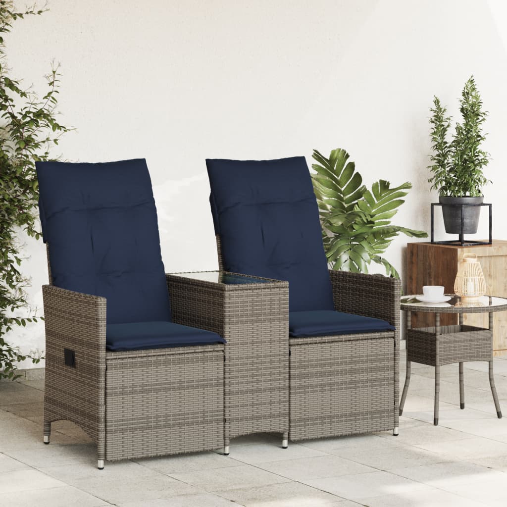 Sofá de jardim reclinável de 2 lugares com mesa em vime sintético cinza