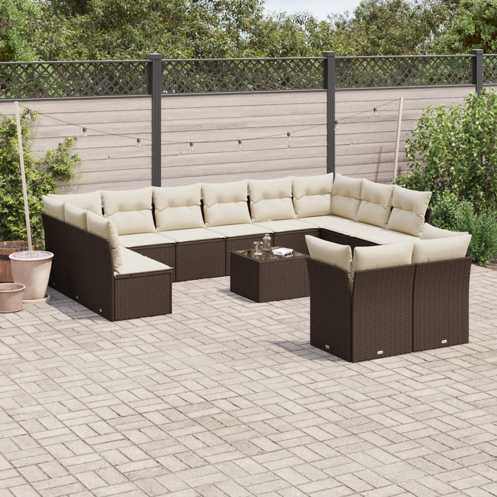 13 Pcs conjunto sofás p/ jardim c/ almofadões vime PE castanho