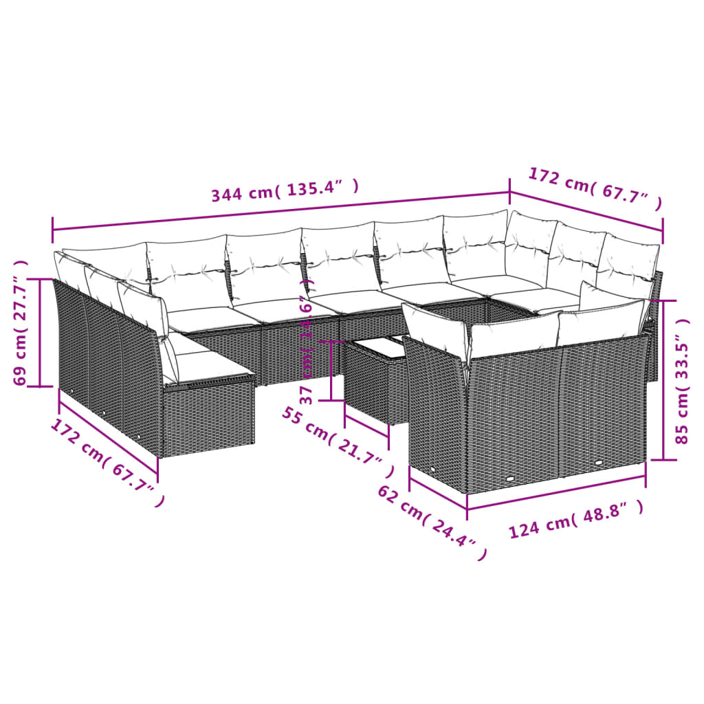 13 Pcs conjunto sofás p/ jardim c/ almofadões vime PE castanho