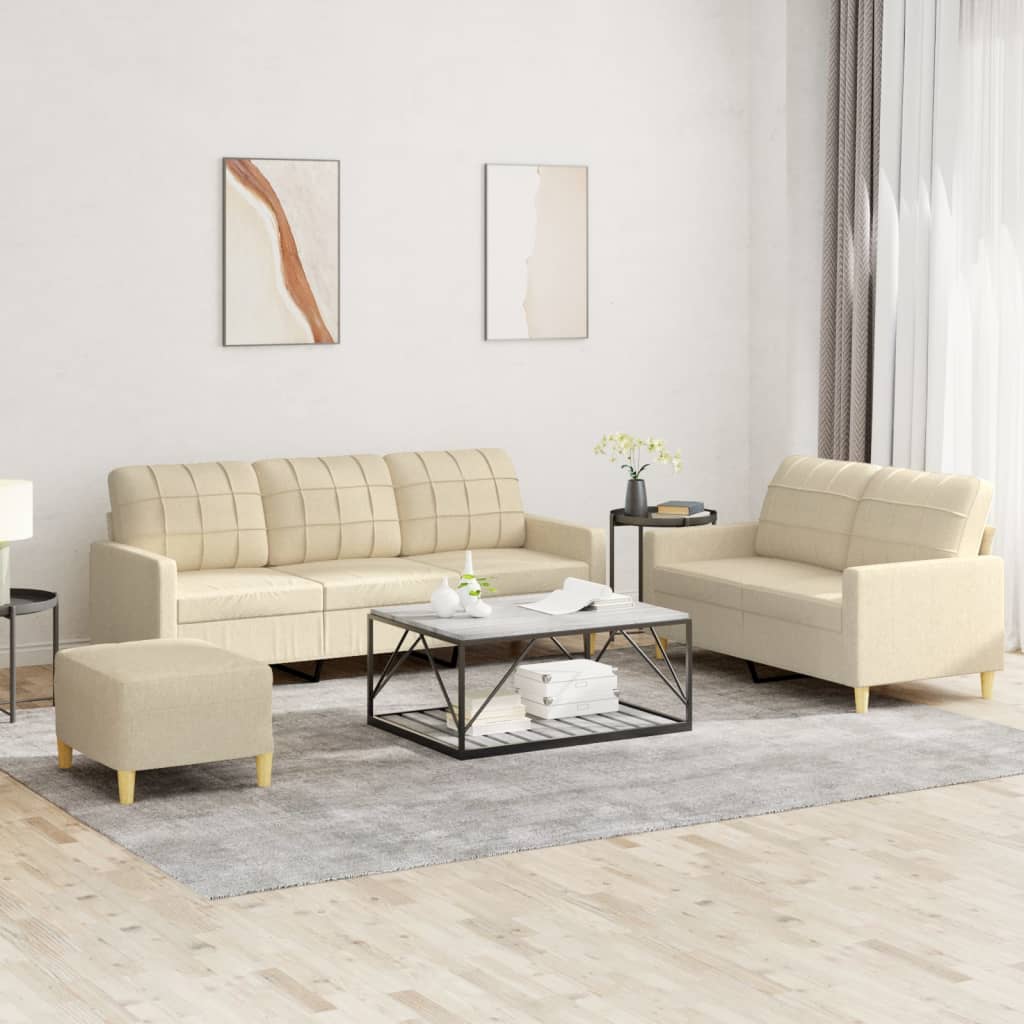 3 Pcs conjunto de sofás com almofadões tecido cor creme