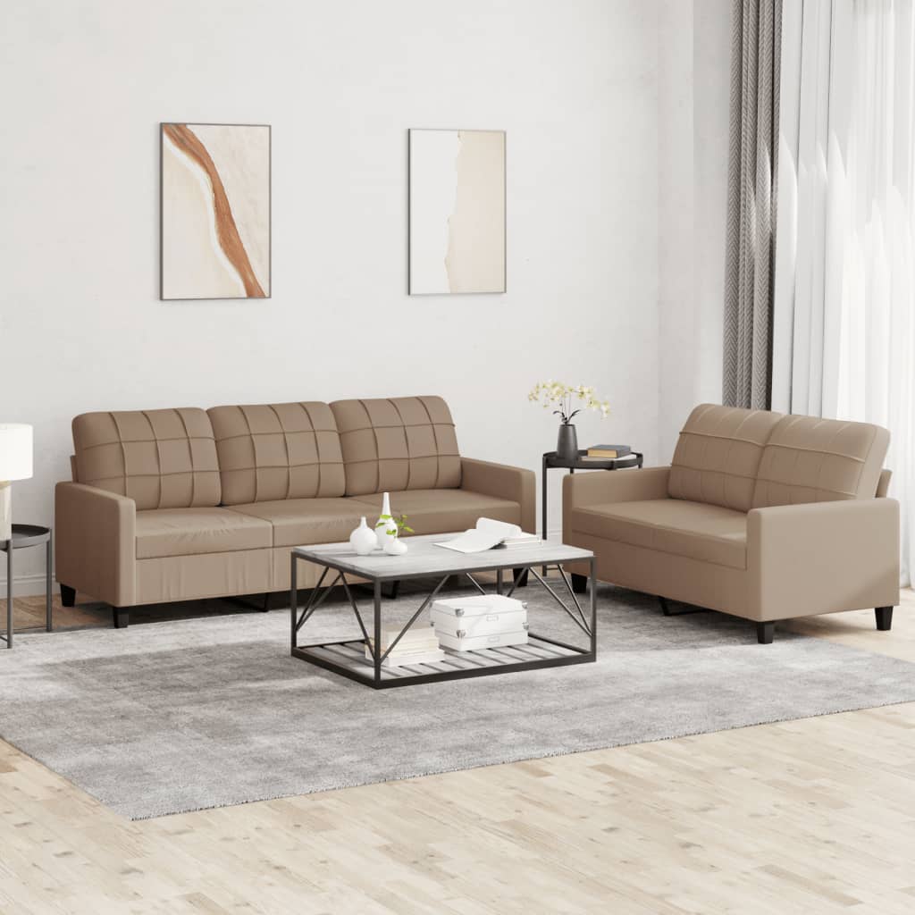 2 Pcs conjunto sofás c/ almofadões couro artif. cor cappuccino