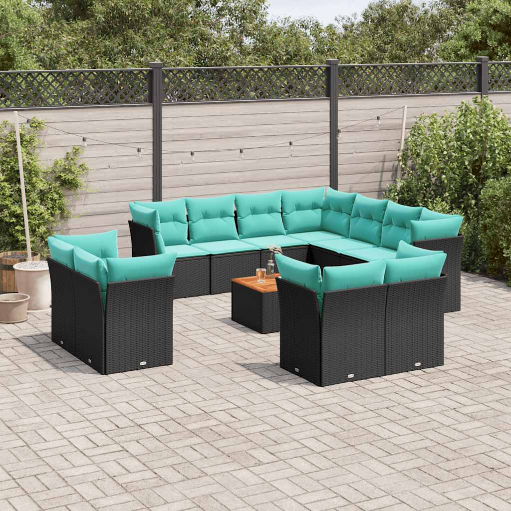 12 Pcs conjunto de sofás de jardim com almofadões vime PE preto