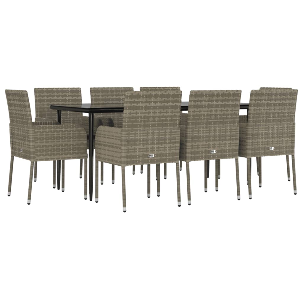 9 Pcs conjunto jantar jardim c/ almofadões vime PE preto/cinza