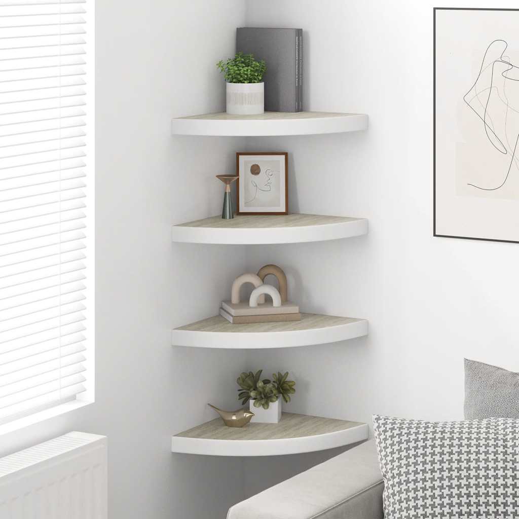 Prateleiras canto parede 4 pcs 35x35x3,8 cm MDF carvalho/branco
