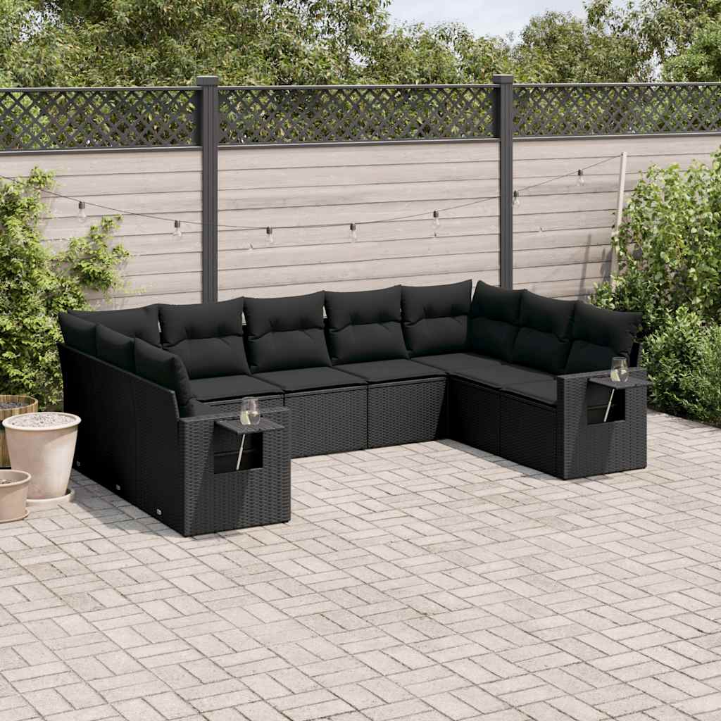 9 Pcs conjunto de sofás p/ jardim c/ almofadões vime PE preto