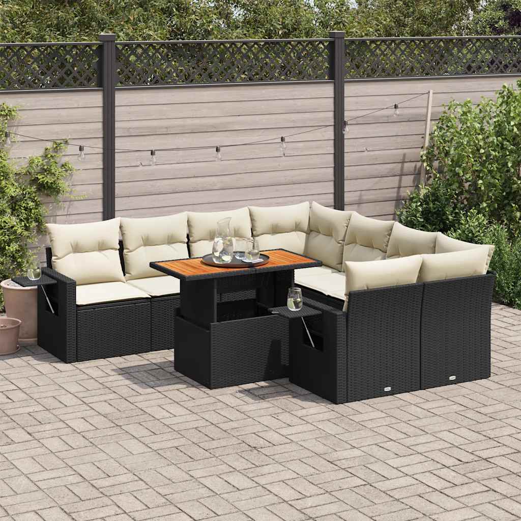 9 Pcs conjunto de sofás p/ jardim c/ almofadões vime PE preto