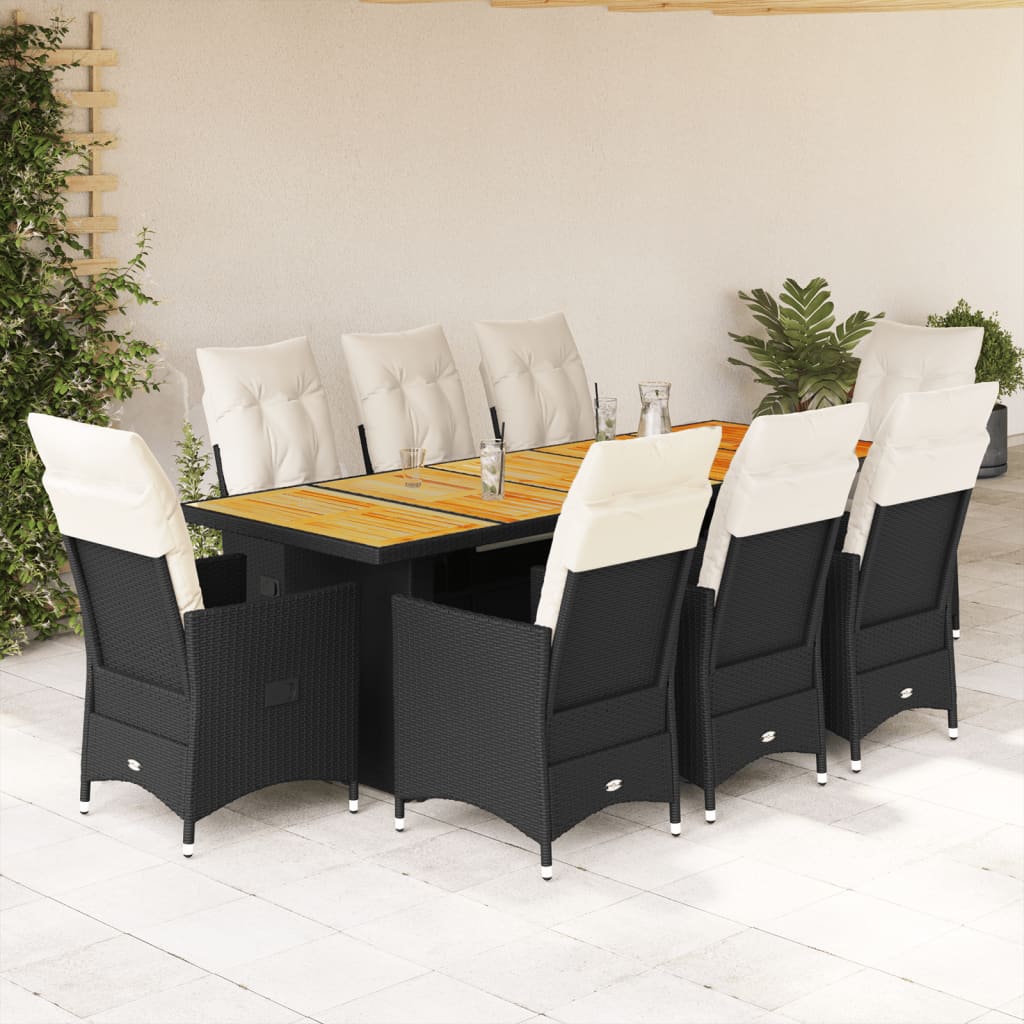9 Pcs conjunto de bistrô p/ jardim c/ almofadões vime PE preto