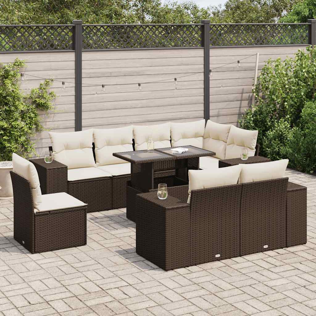 9 Pcs conjunto sofás p/ jardim c/ almofadões vime PE castanho