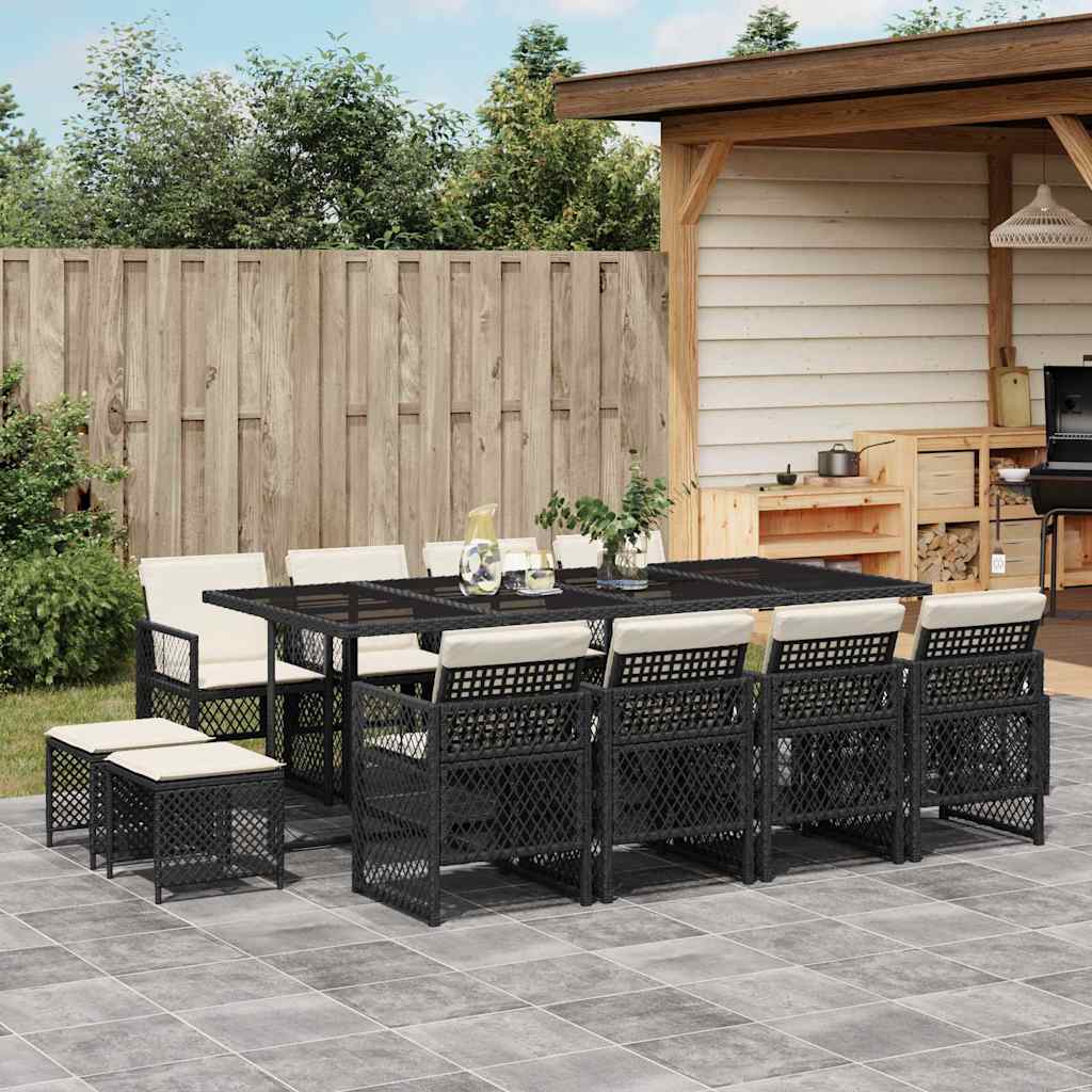 13 Pcs conjunto de jantar p/jardim com almofadões vime PE preto