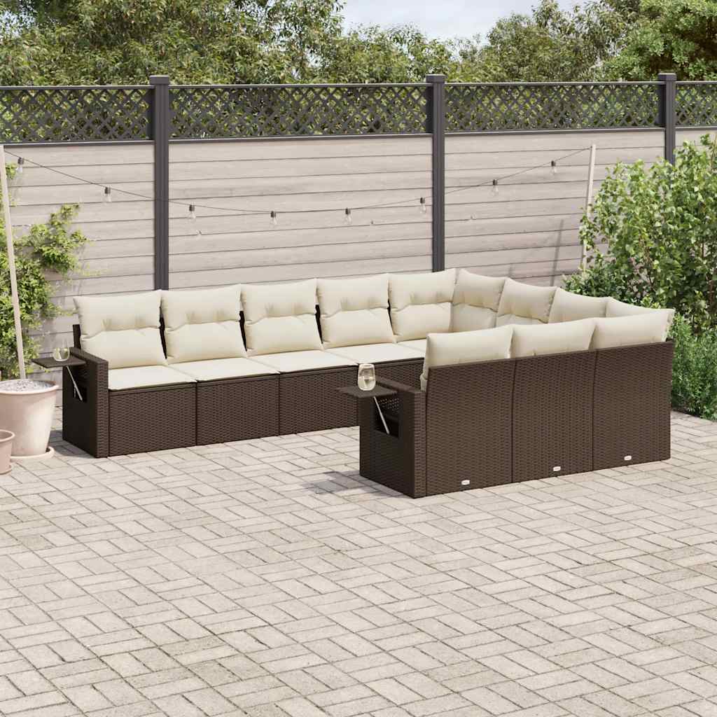 10 Pcs conj. sofás jardim com almofadões vime PE castanho