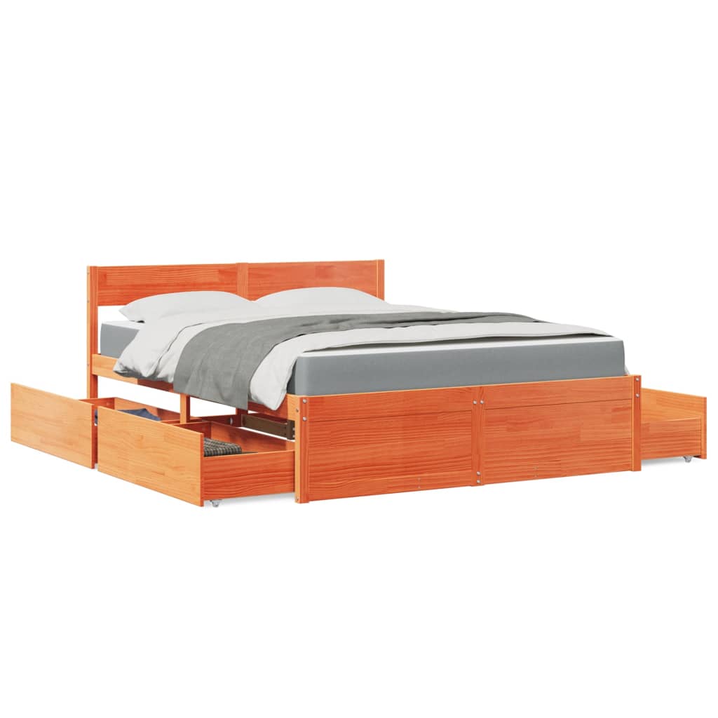 Cama com gavetas e colchão 160x200 cm pinho maciço castanho-mel