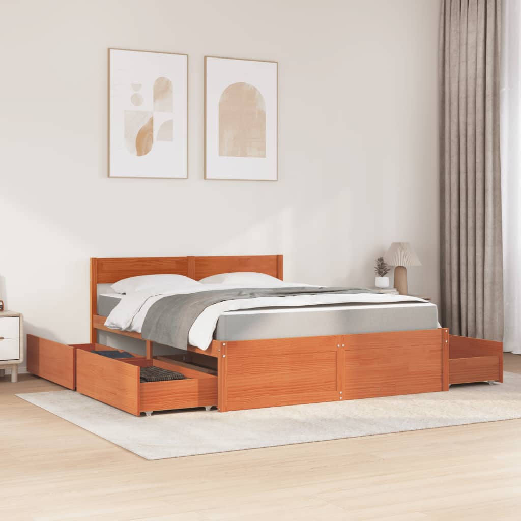 Cama com gavetas e colchão 160x200 cm pinho maciço castanho-mel