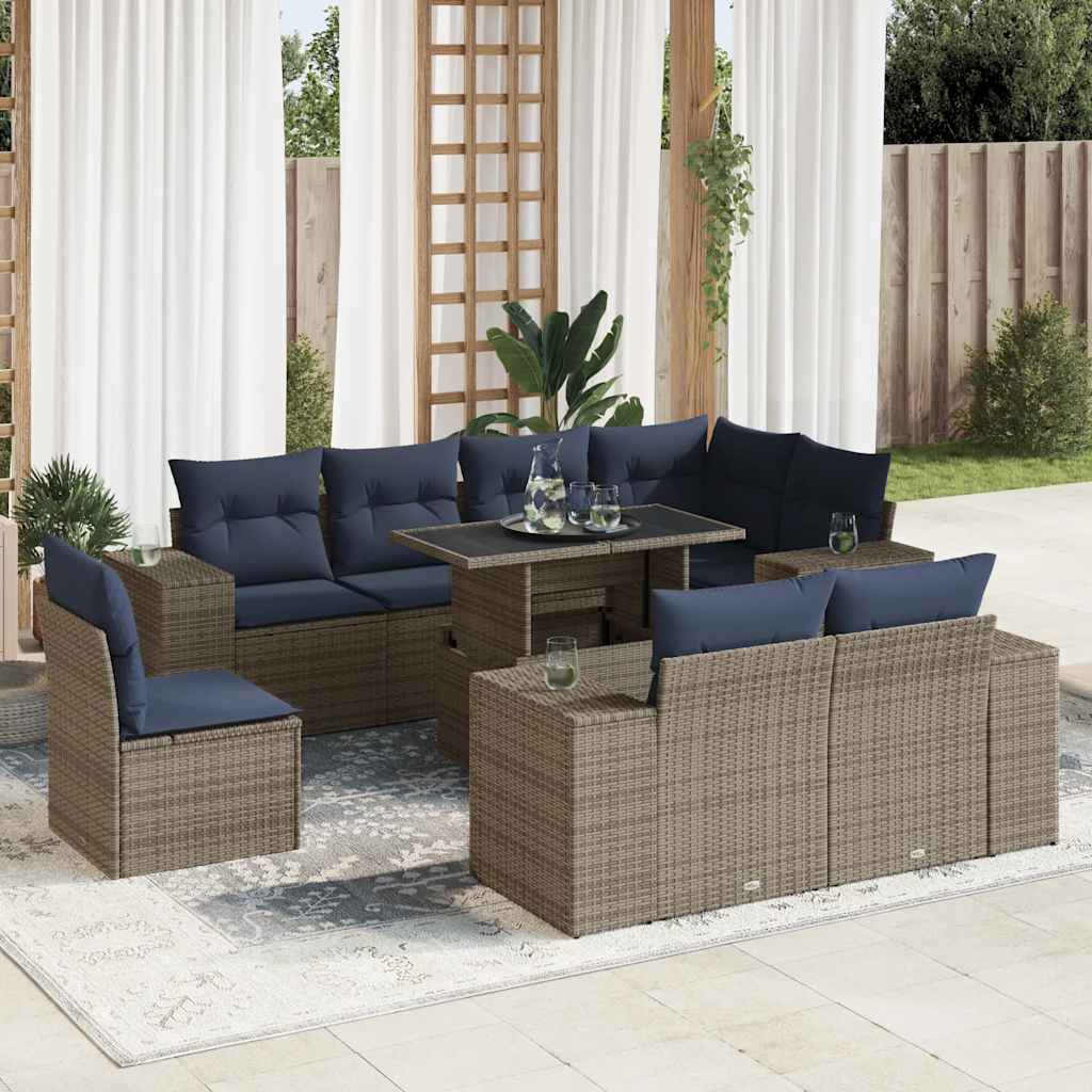 9 Pcs conjunto sofás jardim almofadões vime PE/acácia cinzento