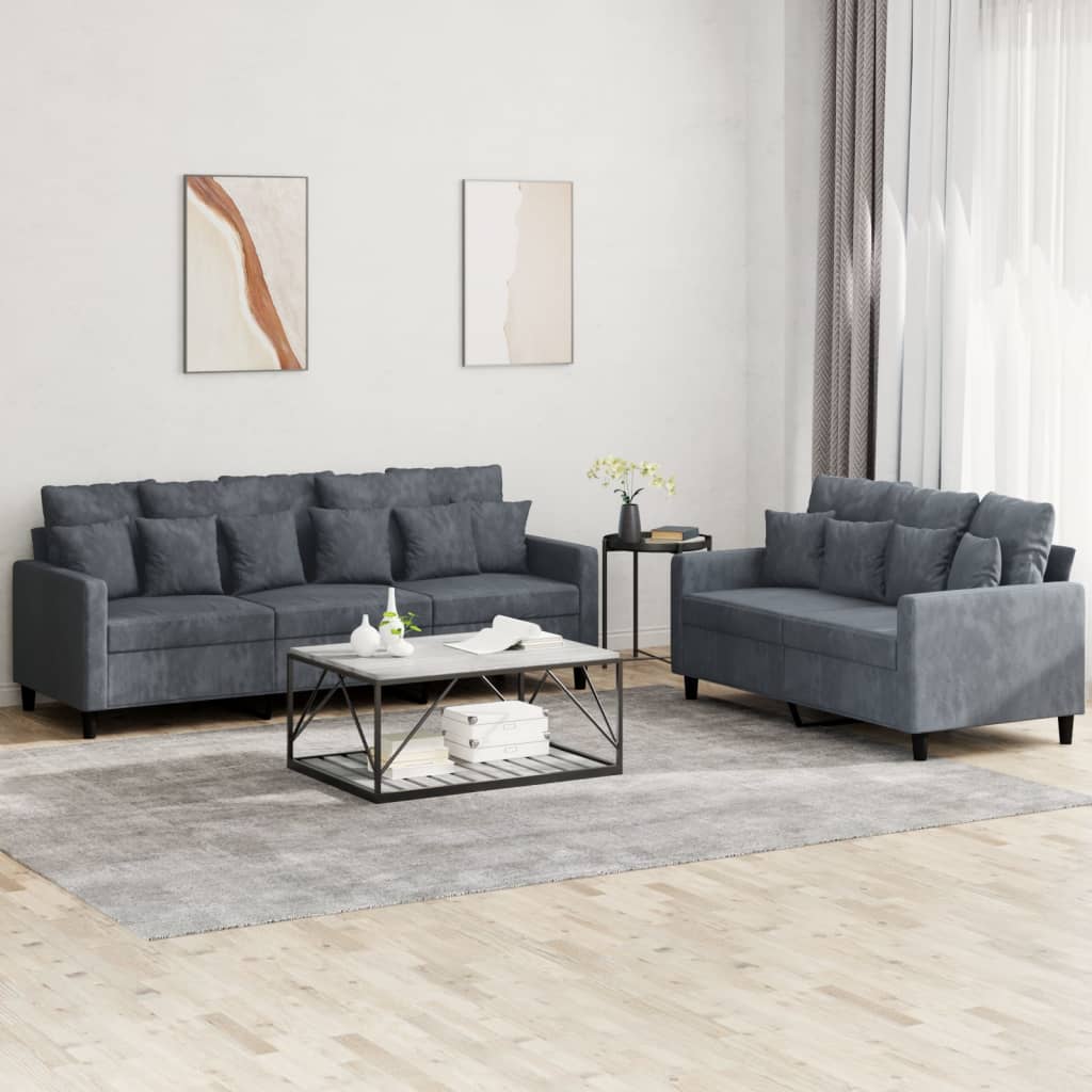 2 Pcs conjunto de sofás com almofadões veludo cinzento-escuro