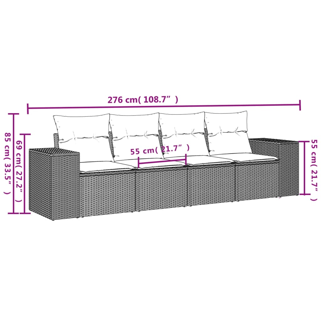 4 Pcs conjunto de sofás para jardim c/ almofadões vime PE bege