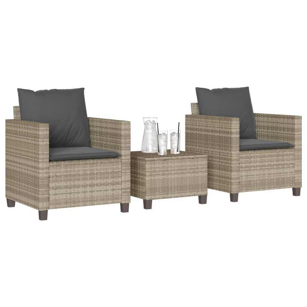 3 Pcs conjunto bistrô com almofadões vime PE cinzento claro
