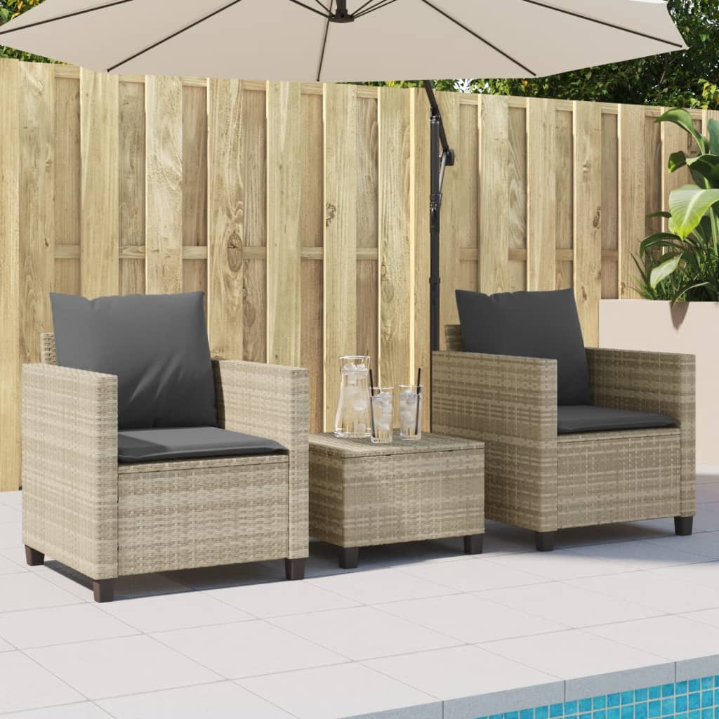 3 Pcs conjunto bistrô com almofadões vime PE cinzento claro