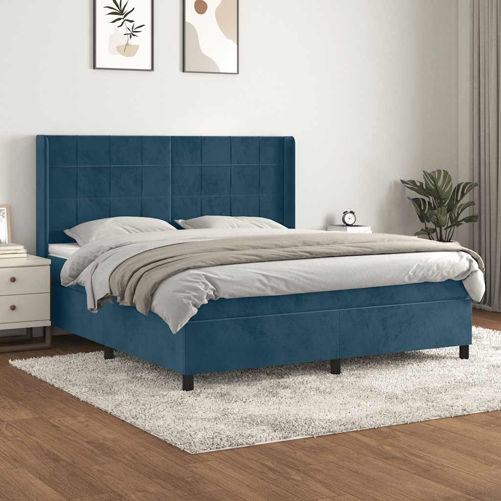 Cama com molas/colchão 160x200 cm veludo azul-escuro