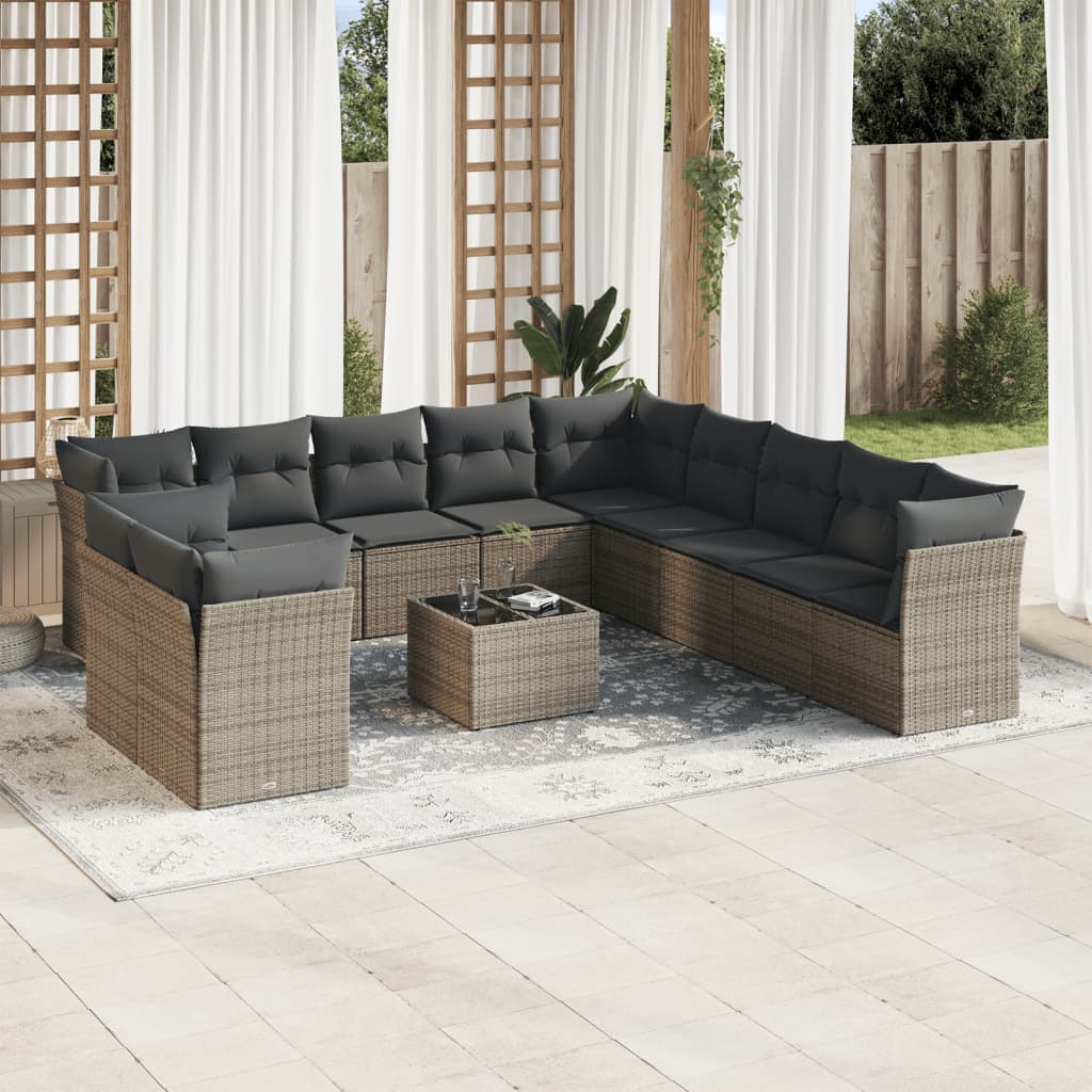 12 Pcs conjunto de sofás jardim c/ almofadões vime PE cinzento