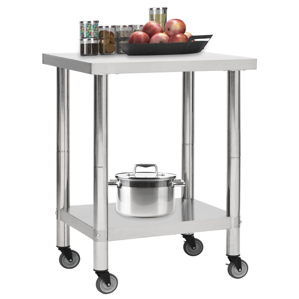 Mesa de trabalho de cozinha com rodas aço inoxidável 80x45x85cm