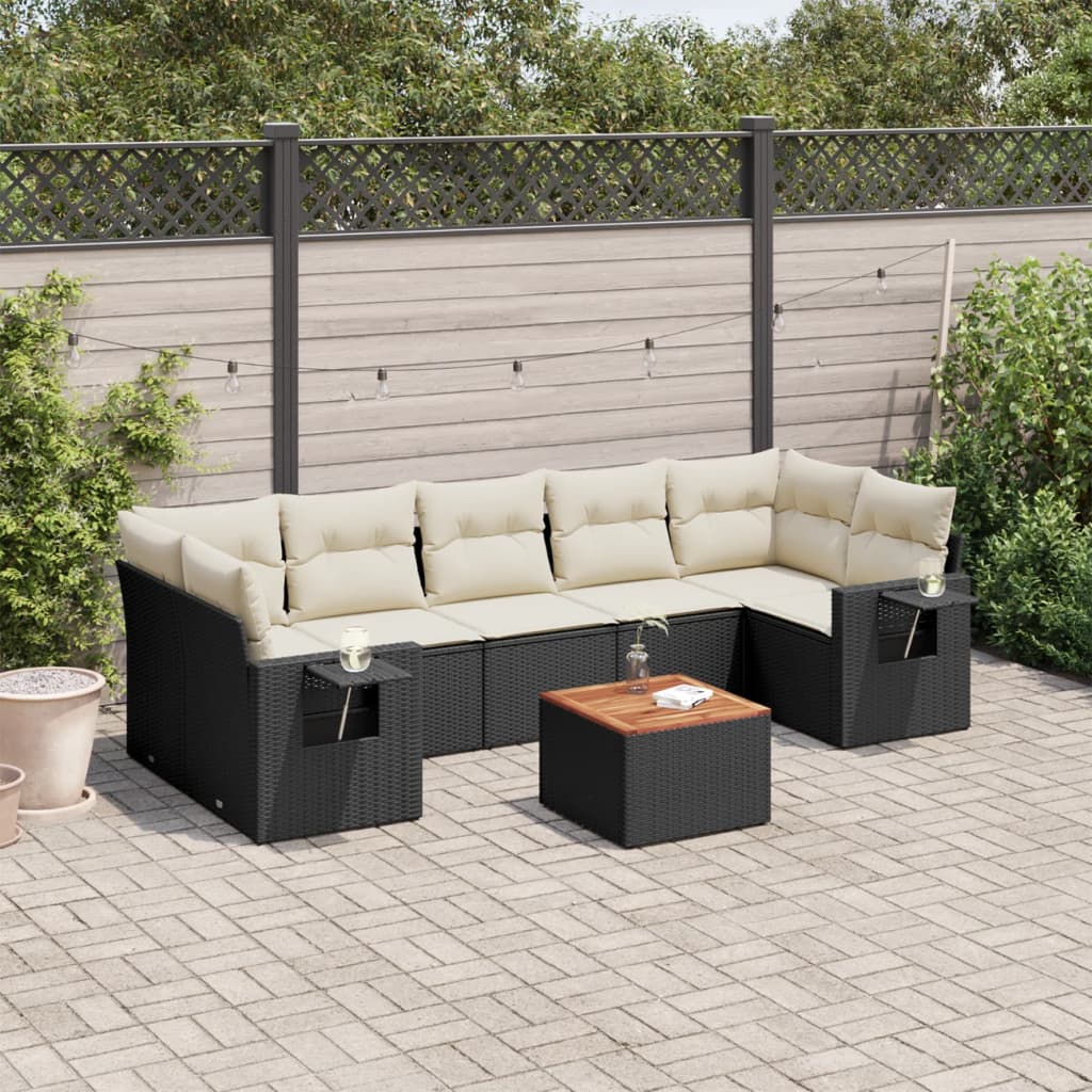 8 Pcs conjunto sofás de jardim com almofadões vime PE preto