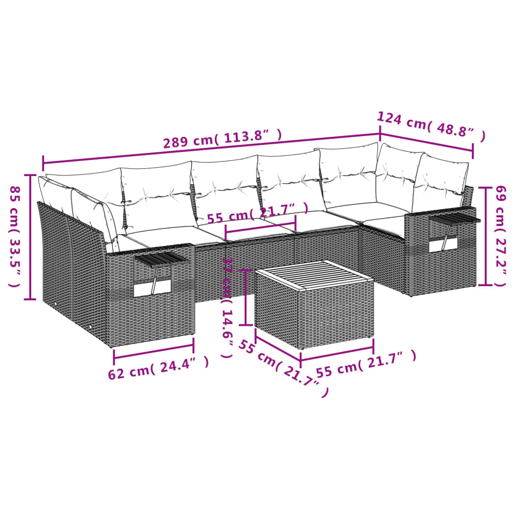 8 Pcs conjunto sofás de jardim com almofadões vime PE preto