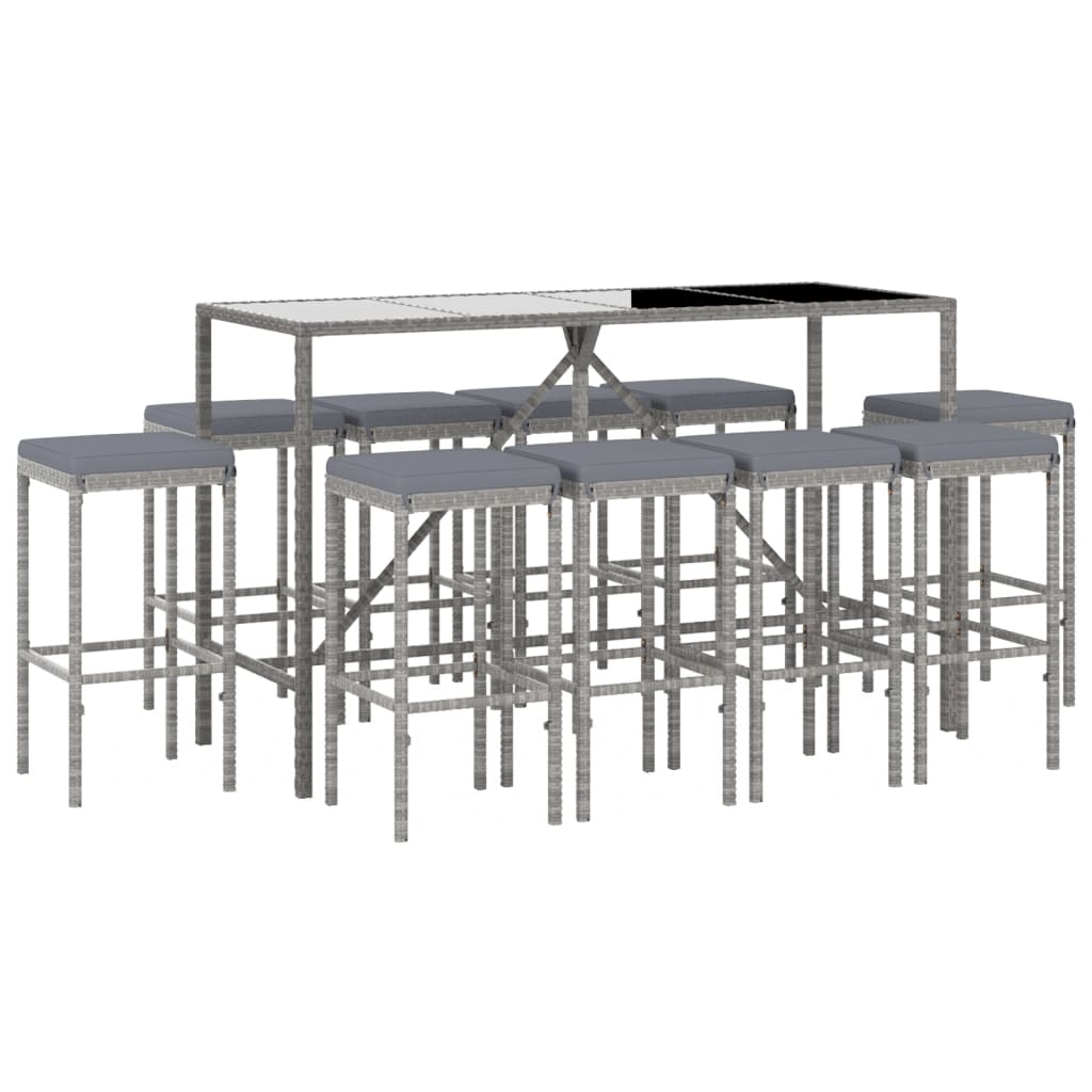 11 Pcs conjunto de bar p/ jardim c/ almofadões vime PE cinzento