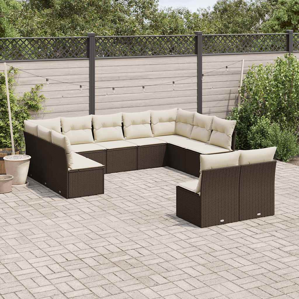 11 Pcs conjunto sofás de jardim c/ almofadões vime PE castanho