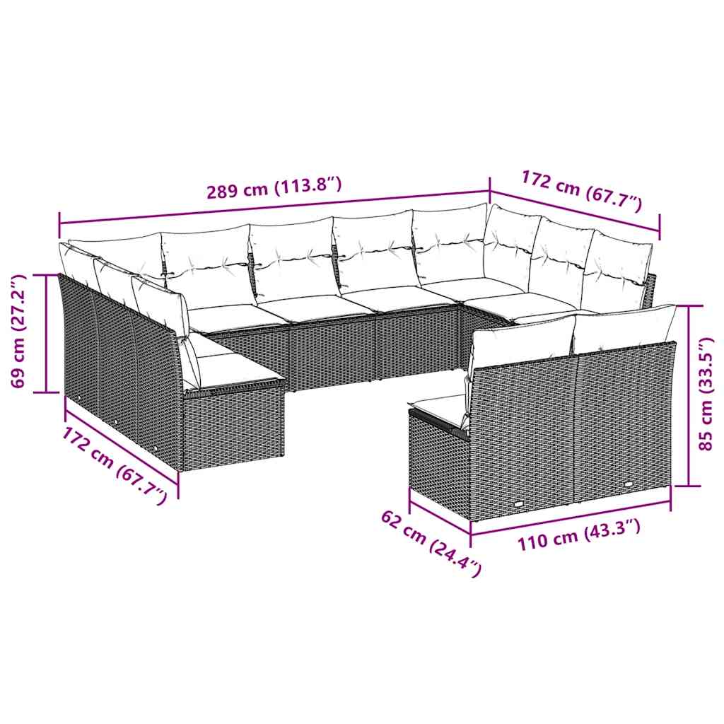 11 Pcs conjunto sofás de jardim c/ almofadões vime PE castanho