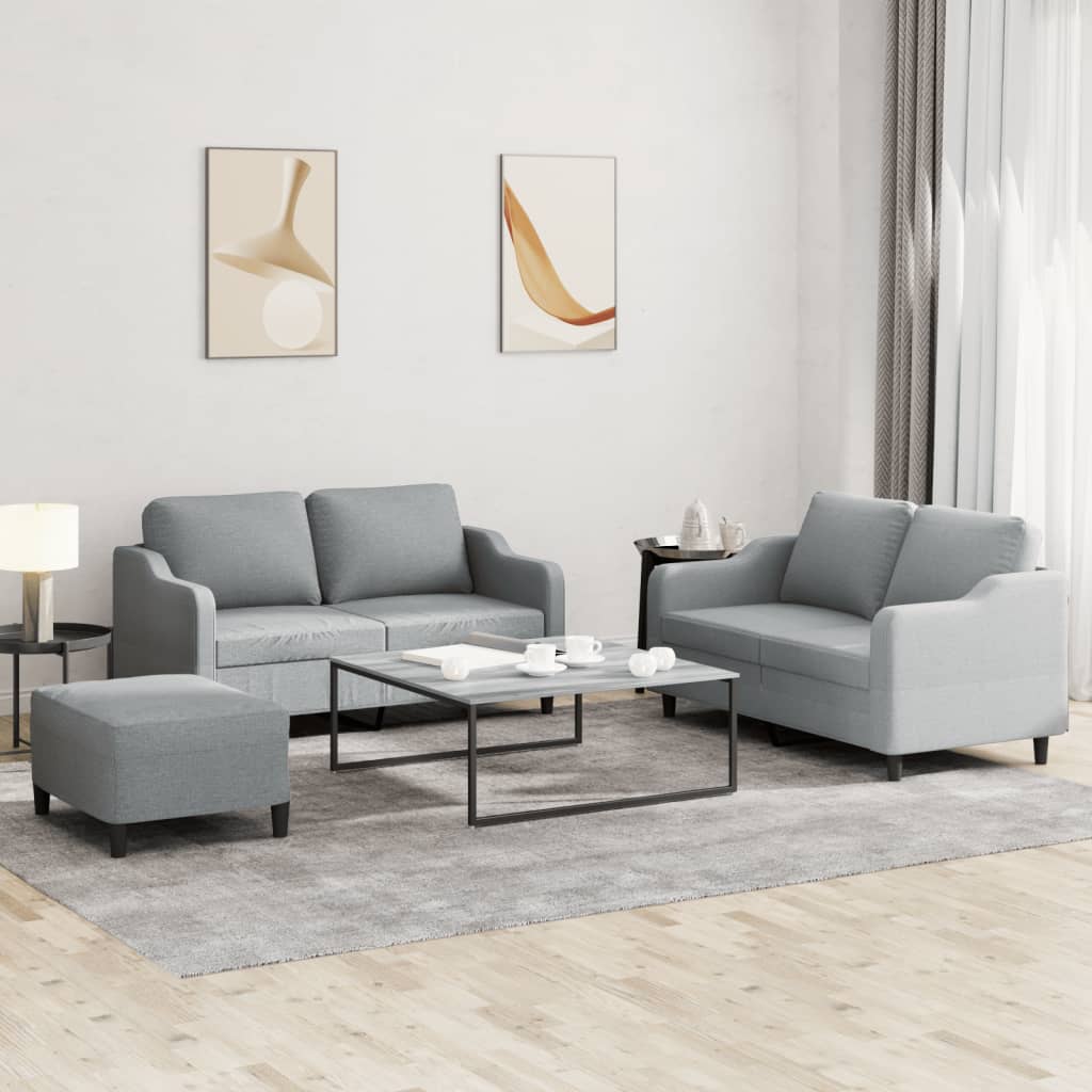 3 Pcs conjunto de sofás com almofadões tecido cinzento-claro