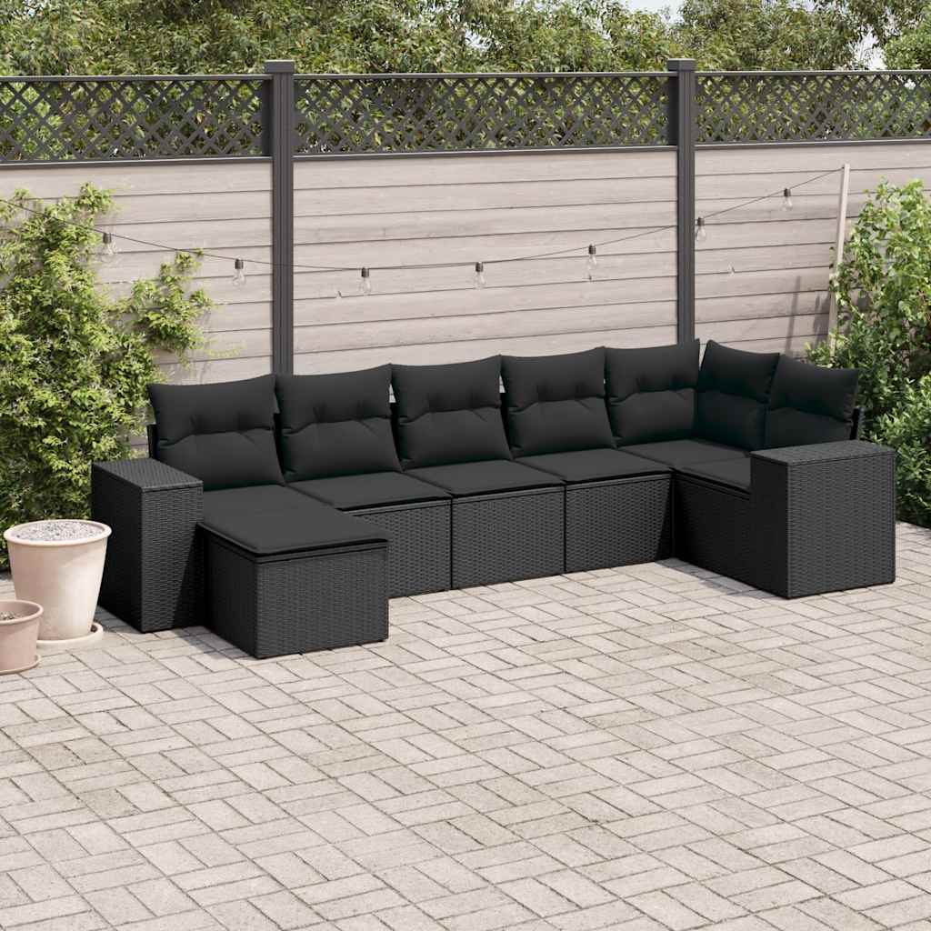 7 Pcs conjunto de sofás p/ jardim c/ almofadões vime PE preto