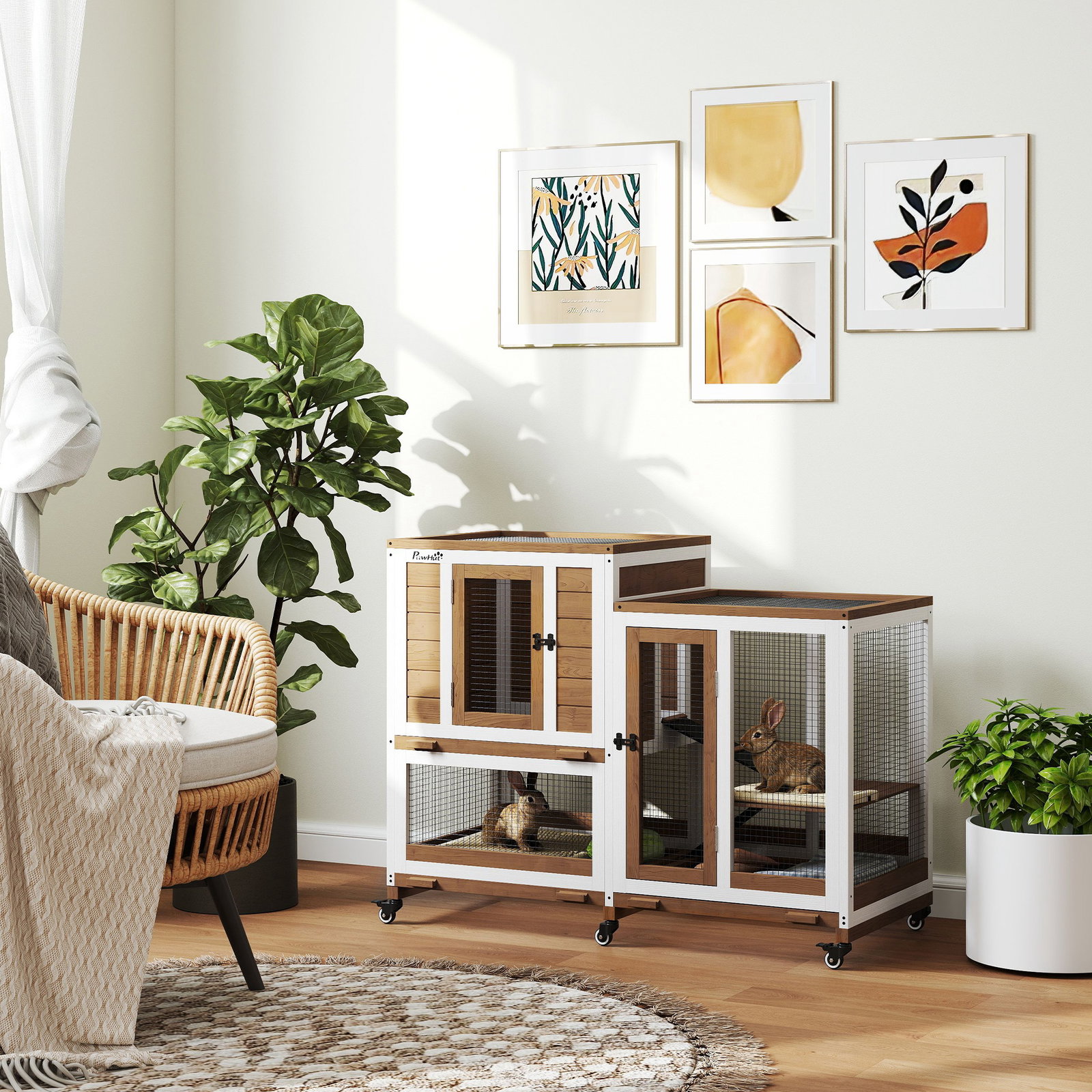 Coelheira de madeira interior gaiola para coelhos de 2 níveis com rodas 2 rampas 3 bandejas amovíveis 110x50x86 cm marrom