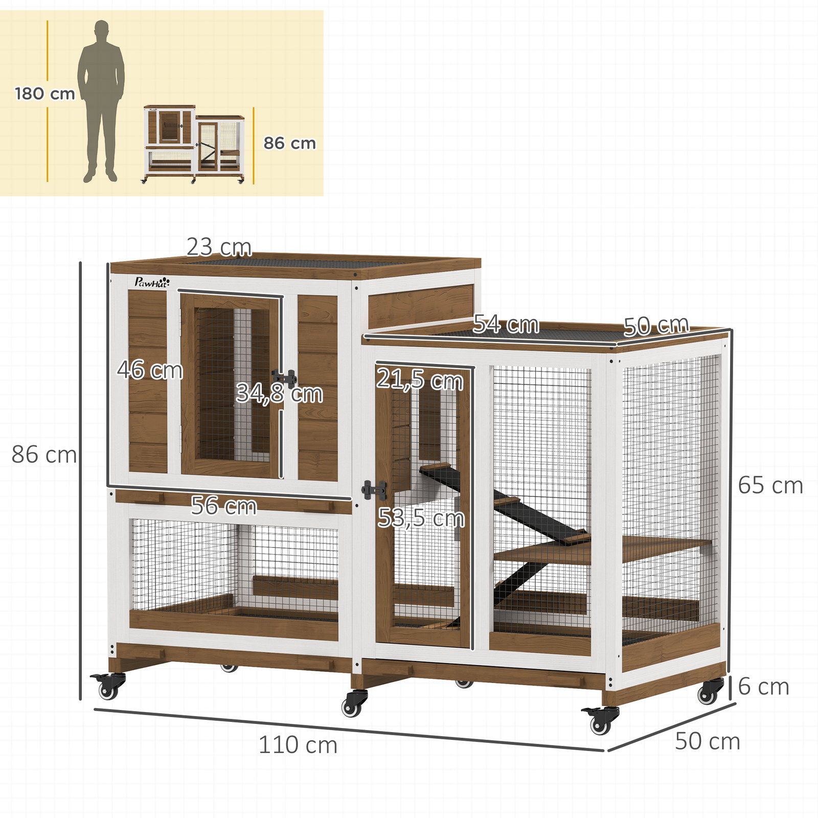 Coelheira de madeira interior gaiola para coelhos de 2 níveis com rodas 2 rampas 3 bandejas amovíveis 110x50x86 cm marrom