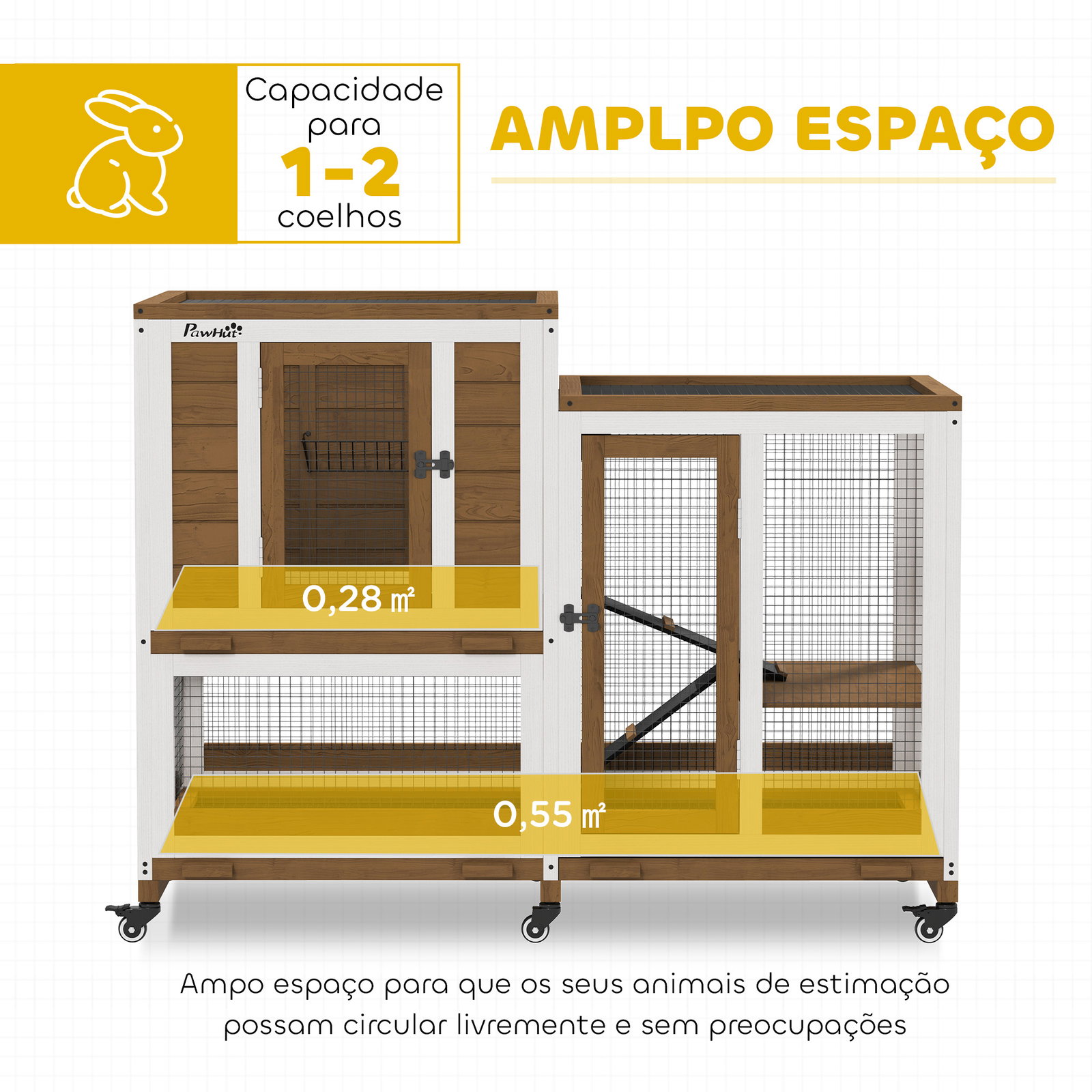 Coelheira de madeira interior gaiola para coelhos de 2 níveis com rodas 2 rampas 3 bandejas amovíveis 110x50x86 cm marrom