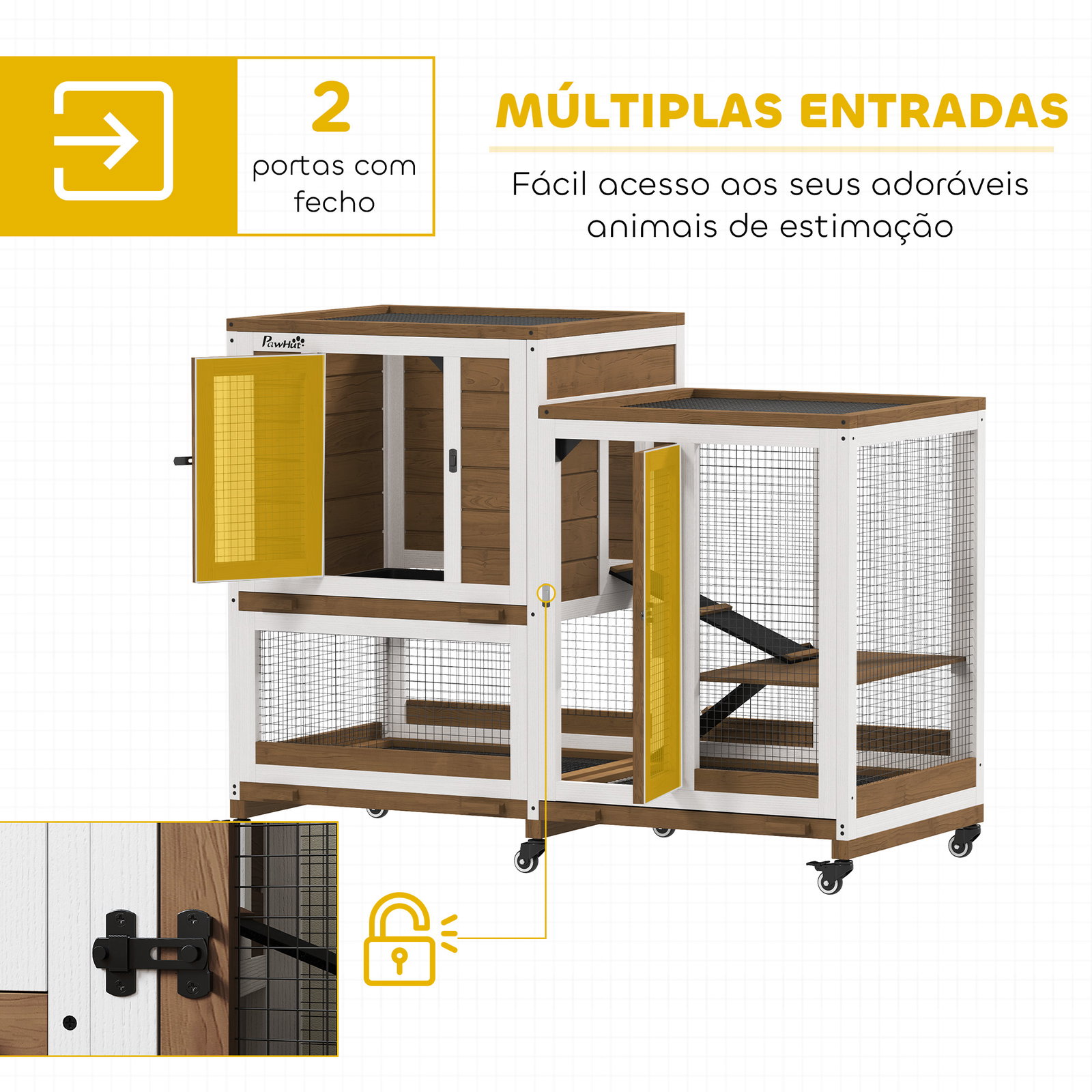 Coelheira de madeira interior gaiola para coelhos de 2 níveis com rodas 2 rampas 3 bandejas amovíveis 110x50x86 cm marrom