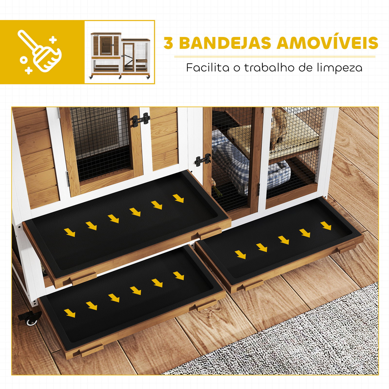 Coelheira de madeira interior gaiola para coelhos de 2 níveis com rodas 2 rampas 3 bandejas amovíveis 110x50x86 cm marrom