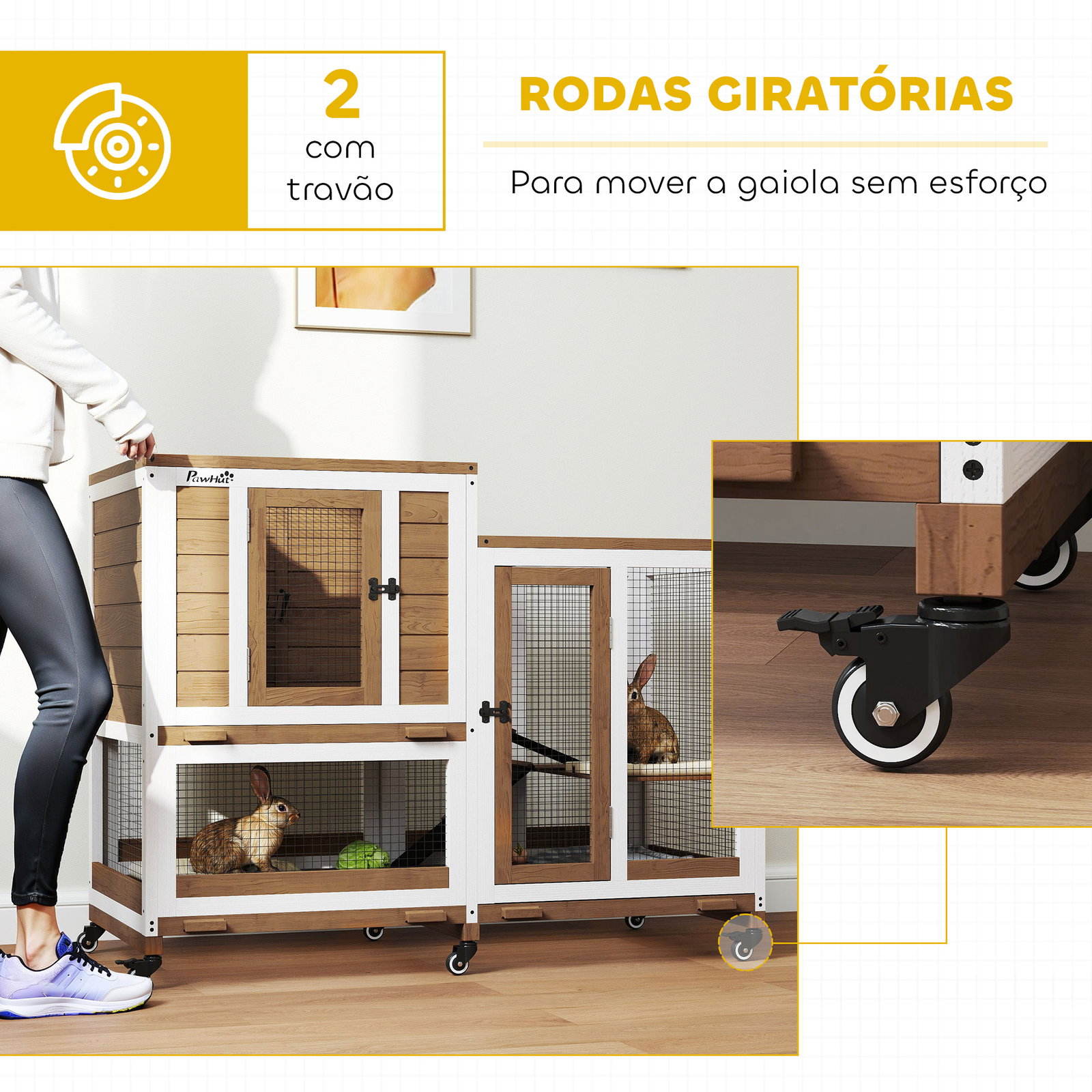 Coelheira de madeira interior gaiola para coelhos de 2 níveis com rodas 2 rampas 3 bandejas amovíveis 110x50x86 cm marrom