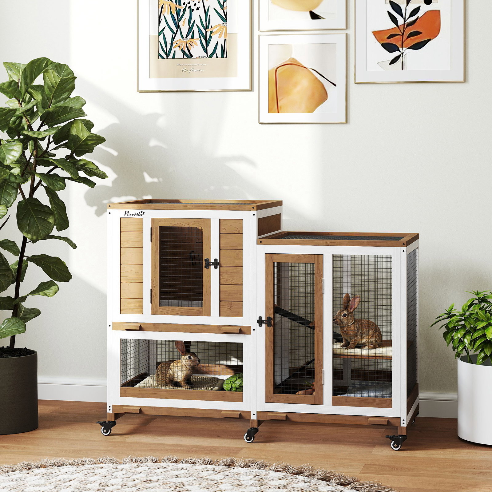 Coelheira de madeira interior gaiola para coelhos de 2 níveis com rodas 2 rampas 3 bandejas amovíveis 110x50x86 cm marrom