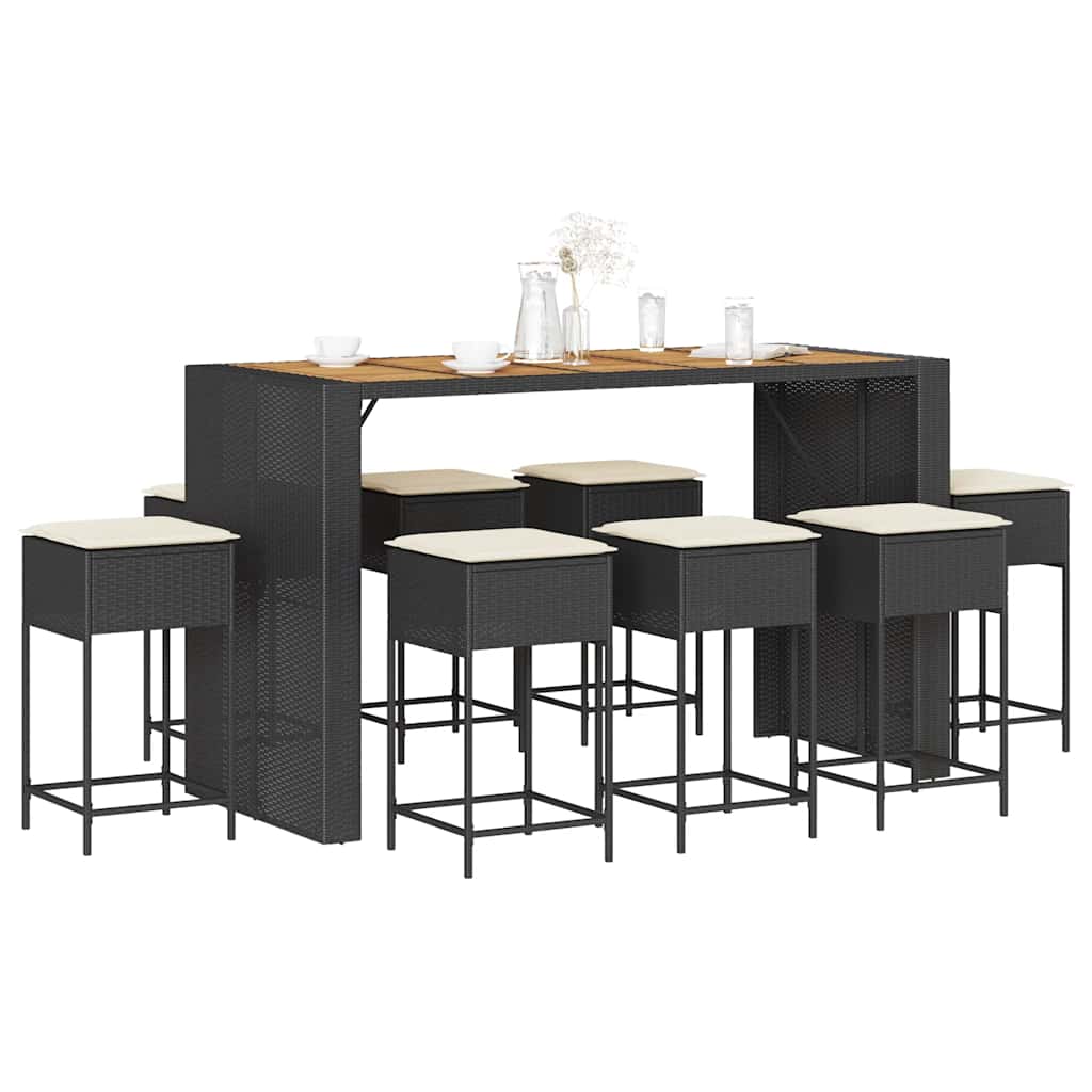 9 Pcs conjunto de bar para jardim c/ almofadões vime PE preto