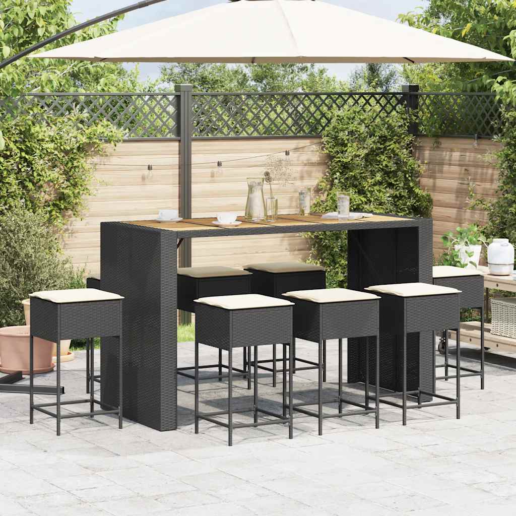 9 Pcs conjunto de bar para jardim c/ almofadões vime PE preto