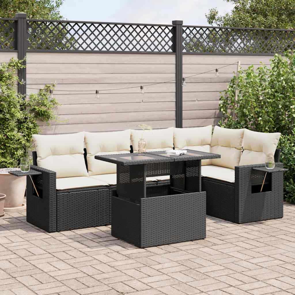 6 Pcs conjunto sofás de jardim c/ almofadões vime PE preto