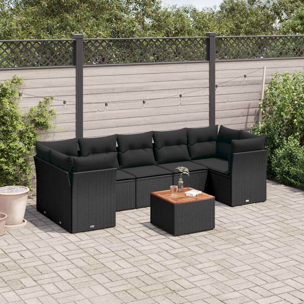 8 Pcs conjunto sofás de jardim com almofadões vime PE preto