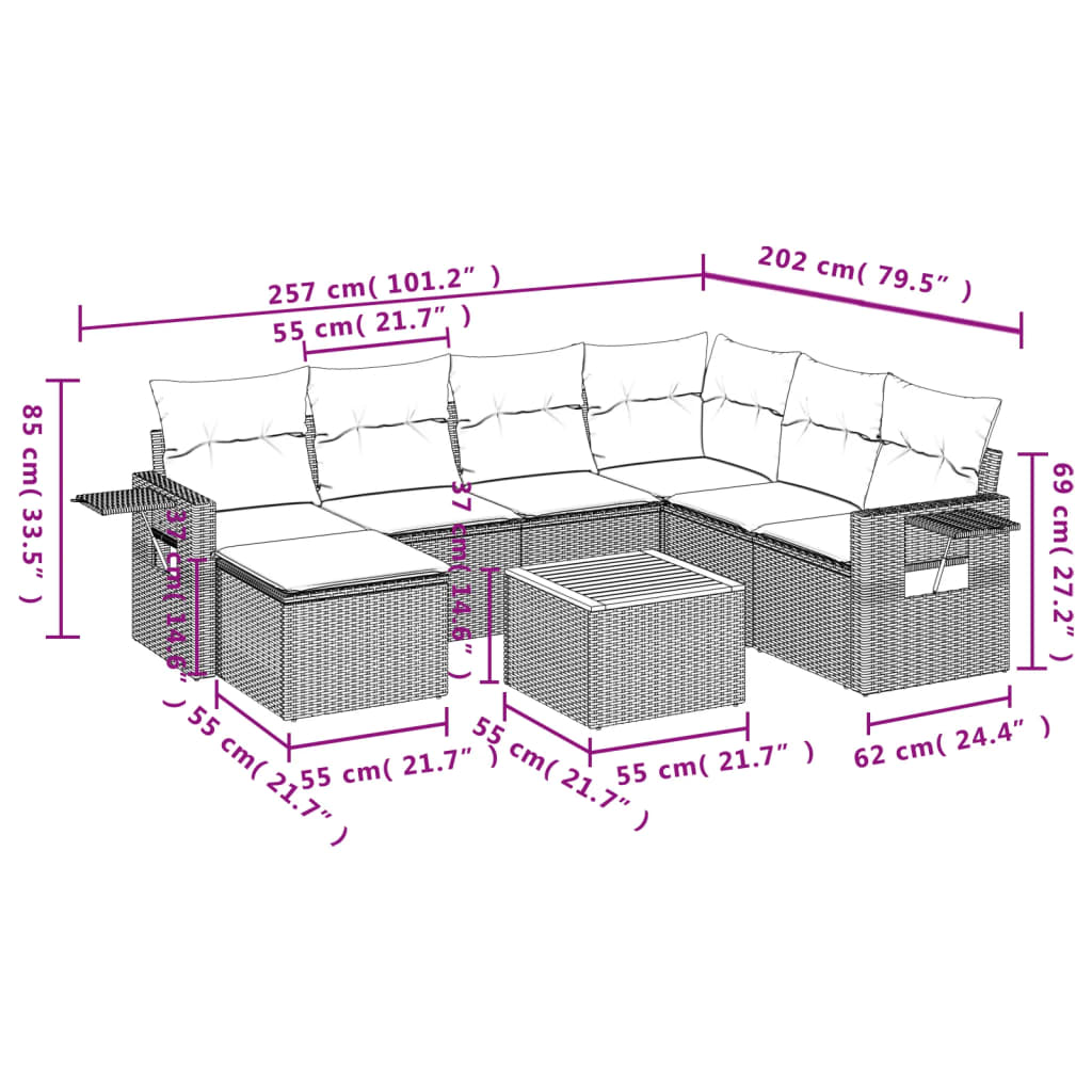 8 Pcs conjunto sofás de jardim com almofadões vime PE preto