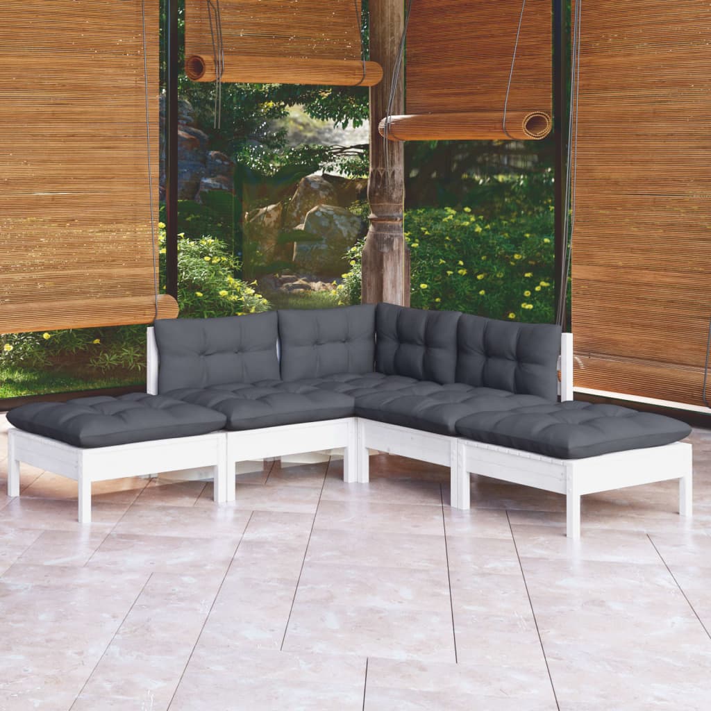 5 Pcs conjunto lounge de jardim c/ almofadões pinho branco