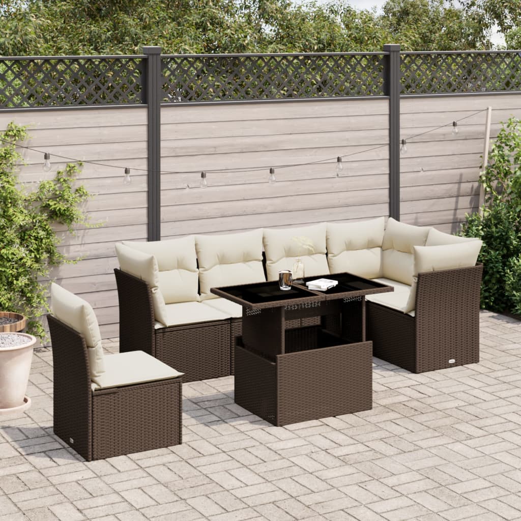 7 Pcs conjunto de sofás jardim c/ almofadões vime PE castanho