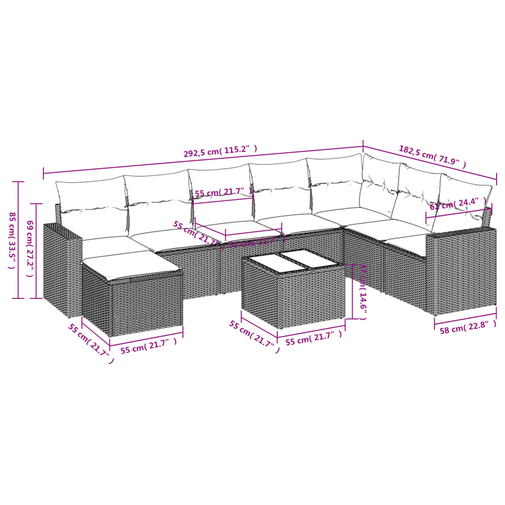 9 Pcs conjunto sofás p/ jardim c/ almofadões vime PE castanho