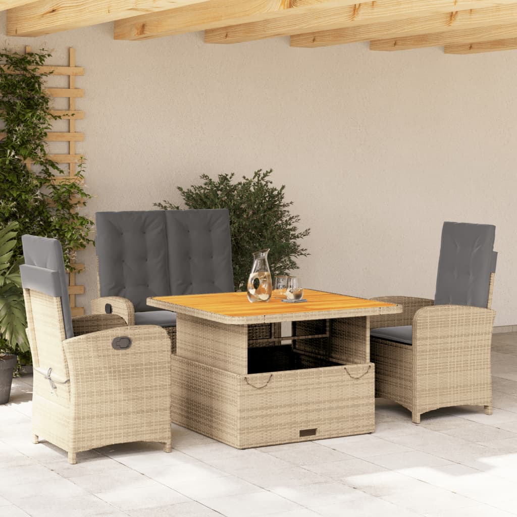 4 Pcs conjunto de jantar p/ jardim c/ almofadões vime PE bege