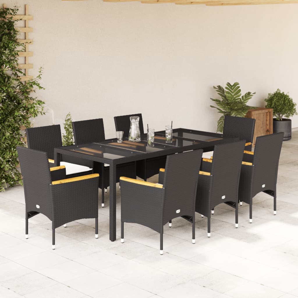 9 Pcs conjunto jantar jardim c/ almofadões vime PE/vidro preto