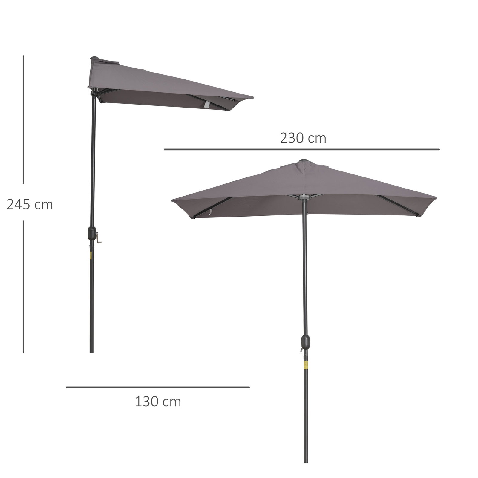 Guarda-sol retangular 230x130x245 cm para parede com manivela, proteção UV 30+, impermeável, tecido de poliéster 180 g/m² para varanda, terraço e jardim - cinzento
